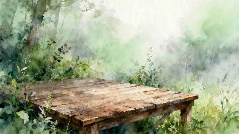 水彩画森林中的木桌-图片