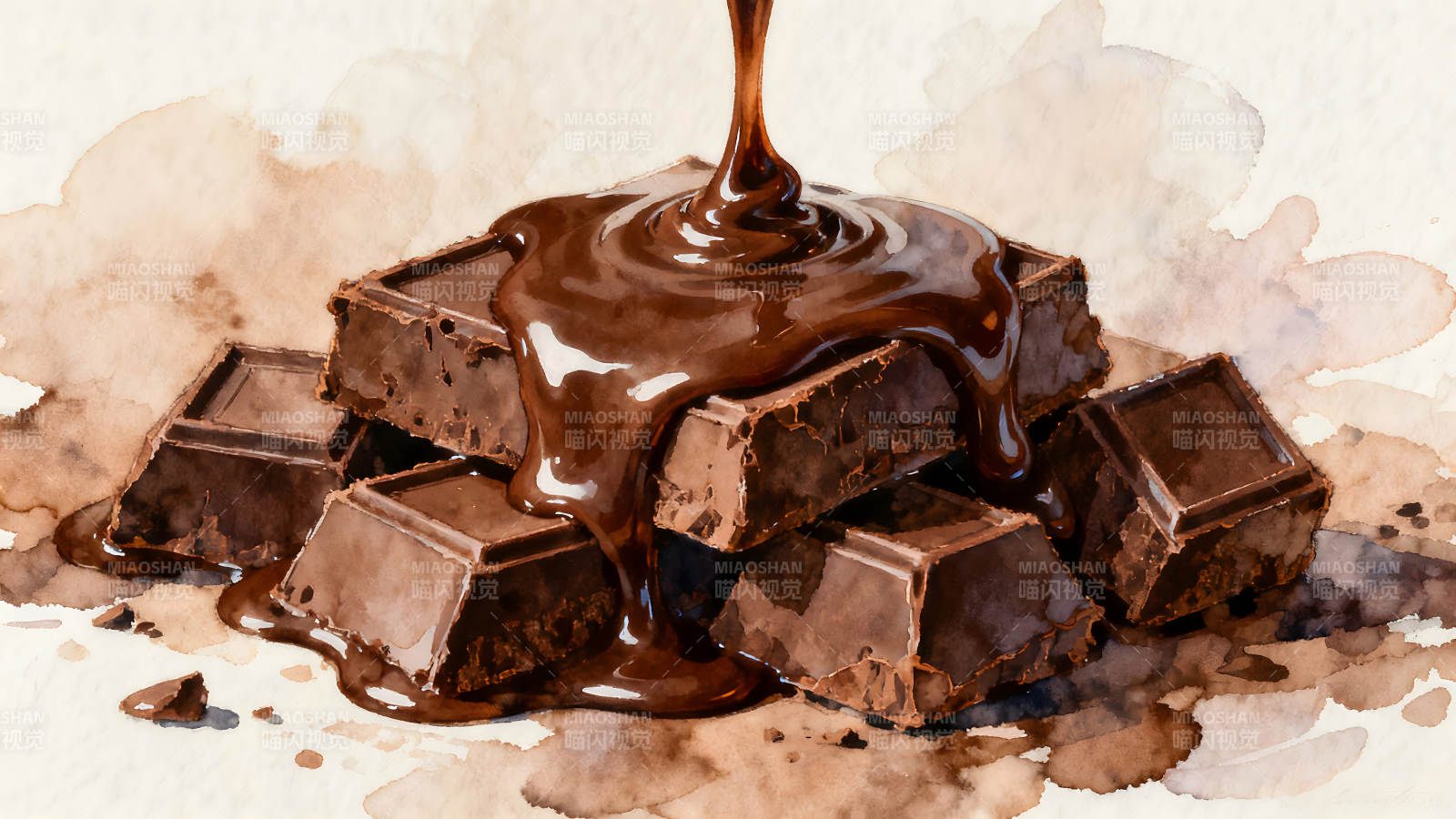 巧克力块淋上融化的巧克力酱-图片