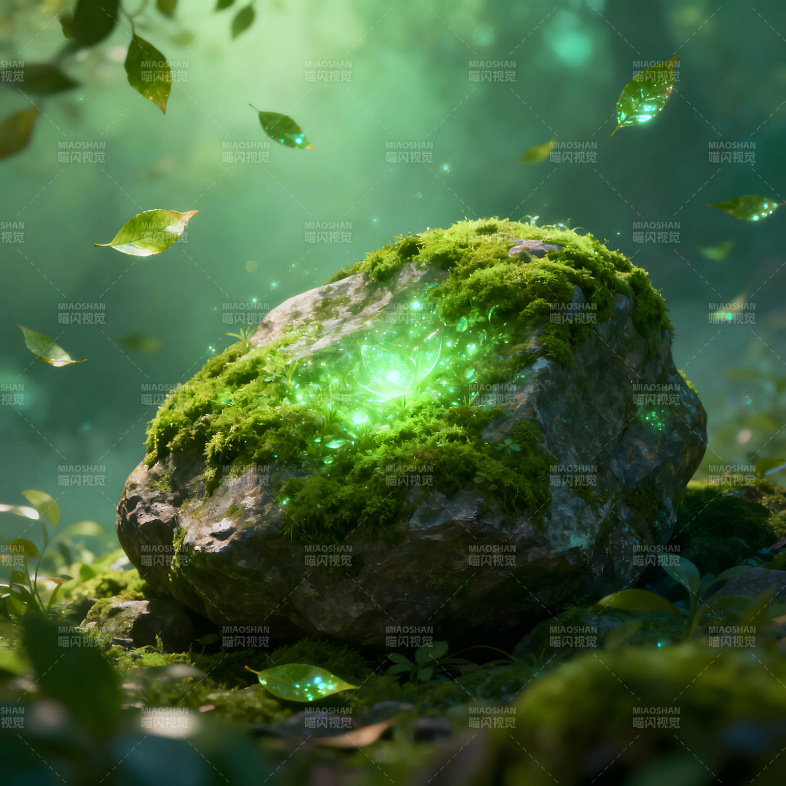 发光的石头和森林中的叶子-图片