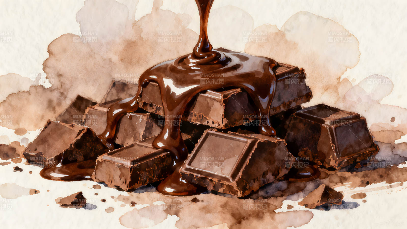巧克力块上淋着巧克力酱-图片
