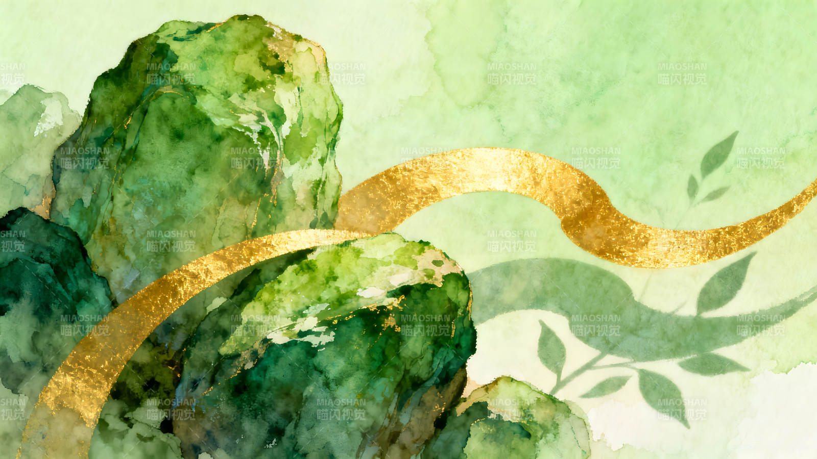 水彩山水画金色纹理点缀-图片