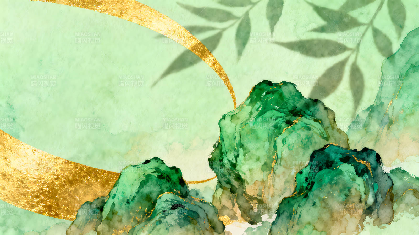 水墨山巒金飾背景清新雅致-圖片