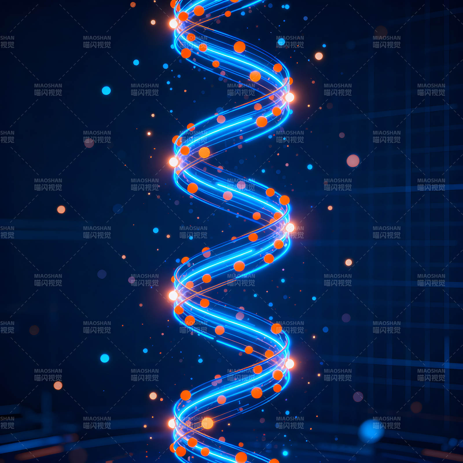 发光螺旋结构蓝色光晕与橙色圆点-图片