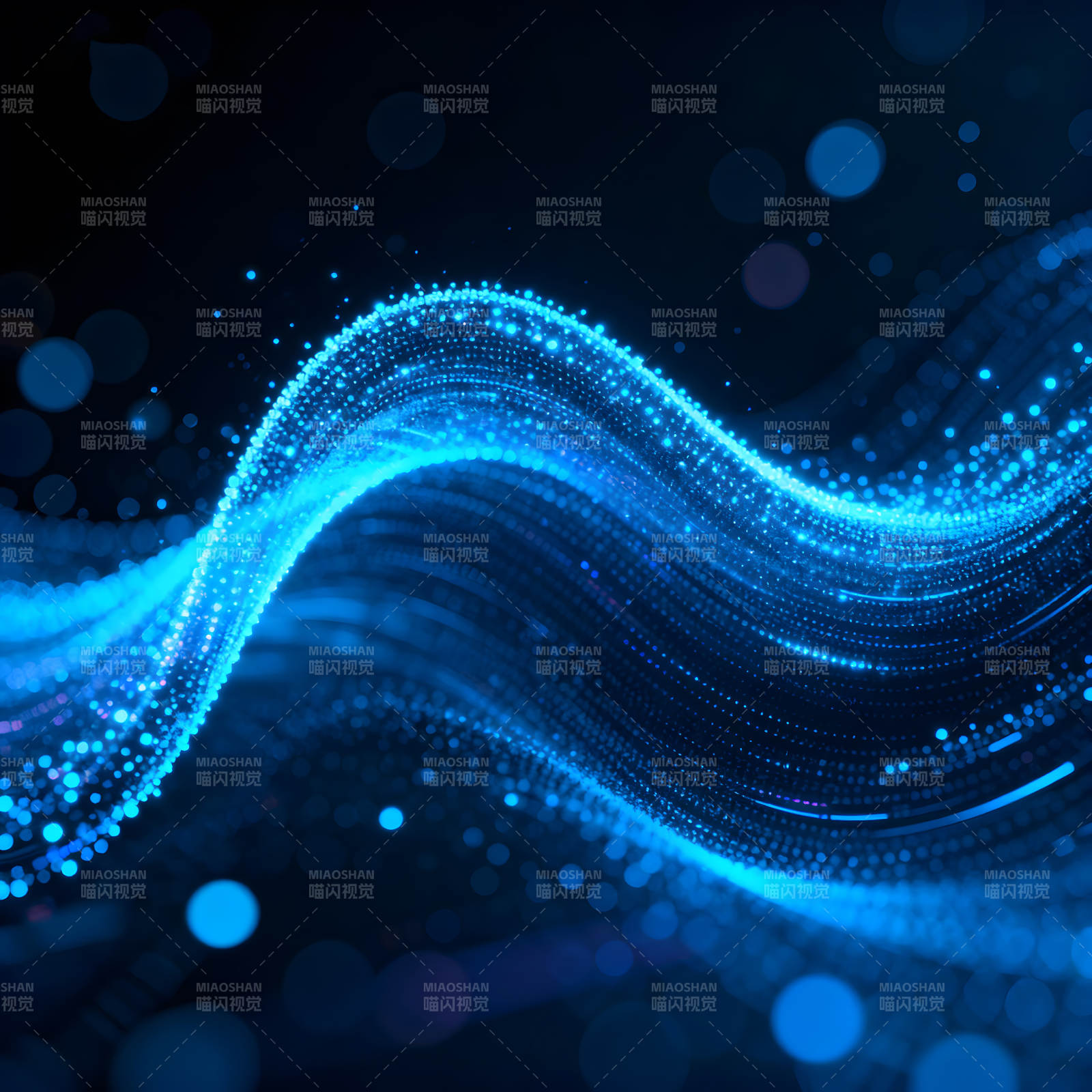 蓝色光点组成的波浪在黑暗中流动图片