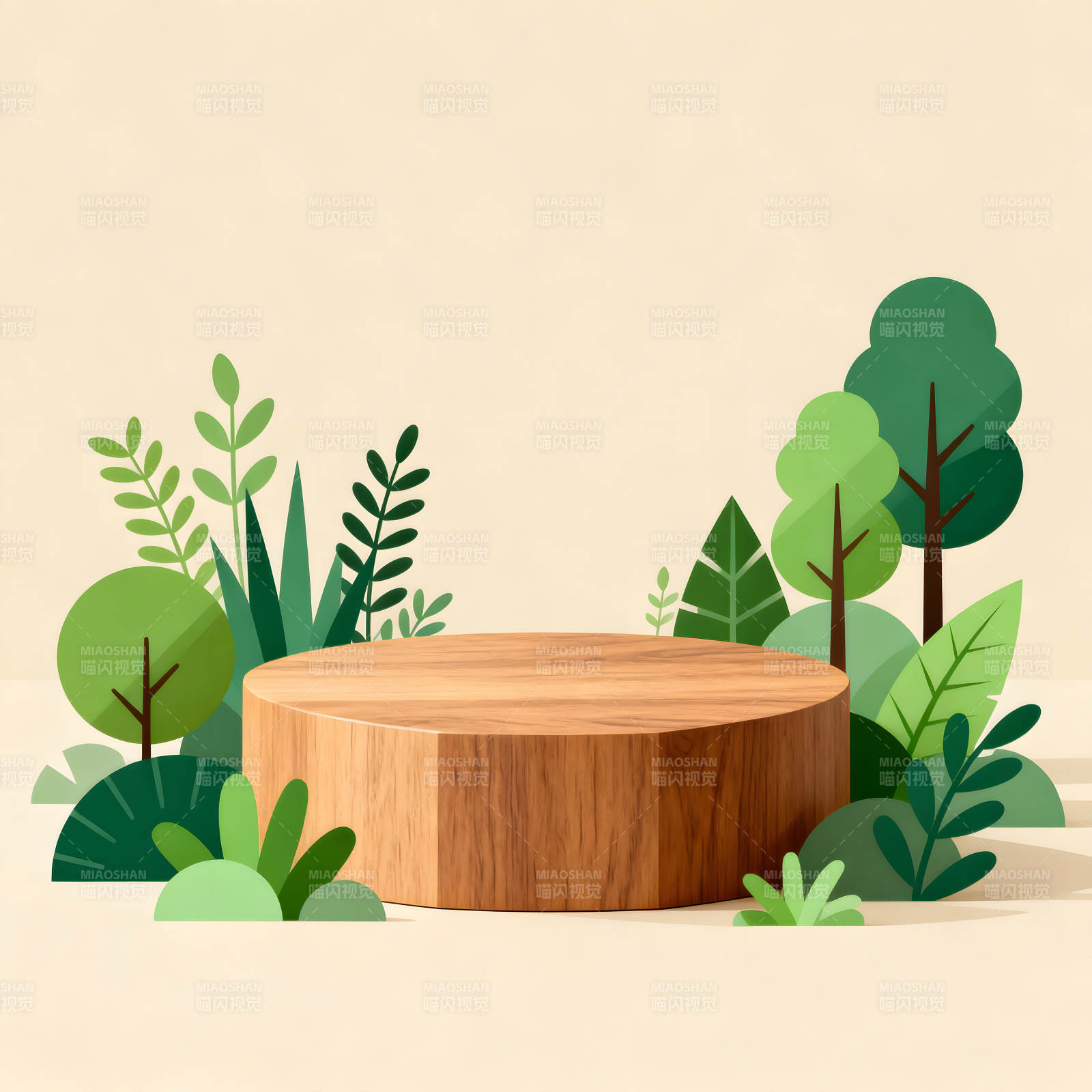 木质平台与绿植的清新背景-图片