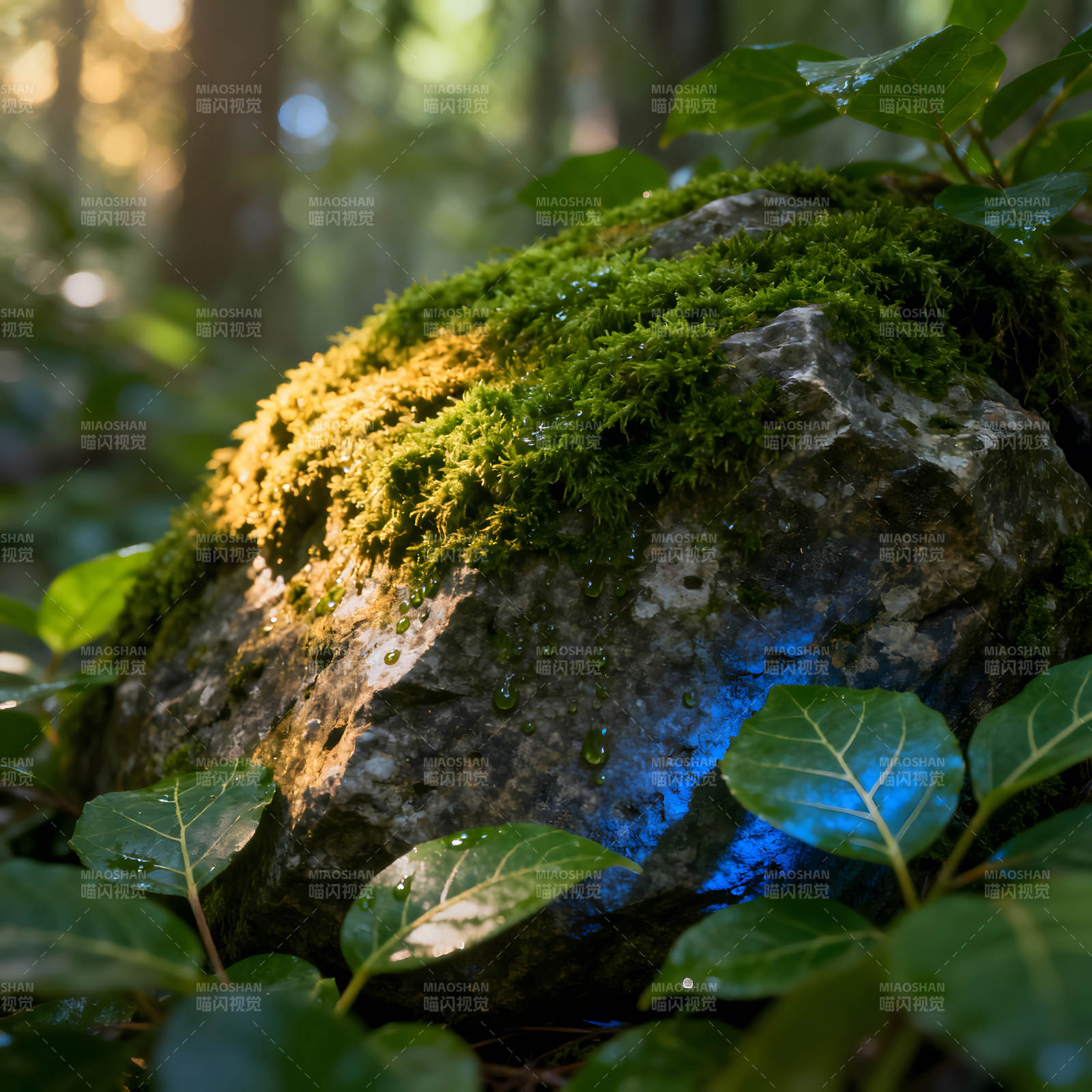阳光照射下的石头与植物图片