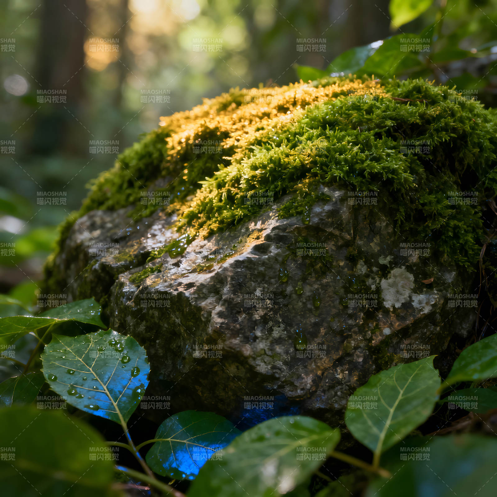 阳光照耀青苔石头生机盎然-图片