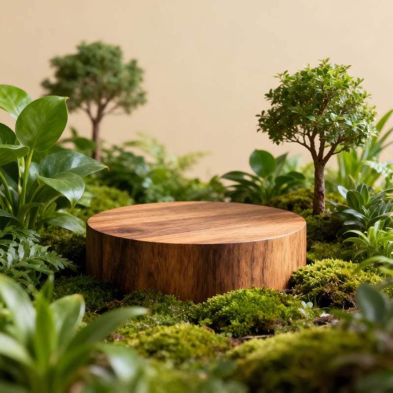 木质展台置于绿植之中-图片