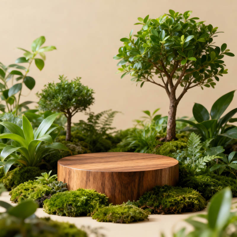 木质展示台与绿植的清新组合-图片