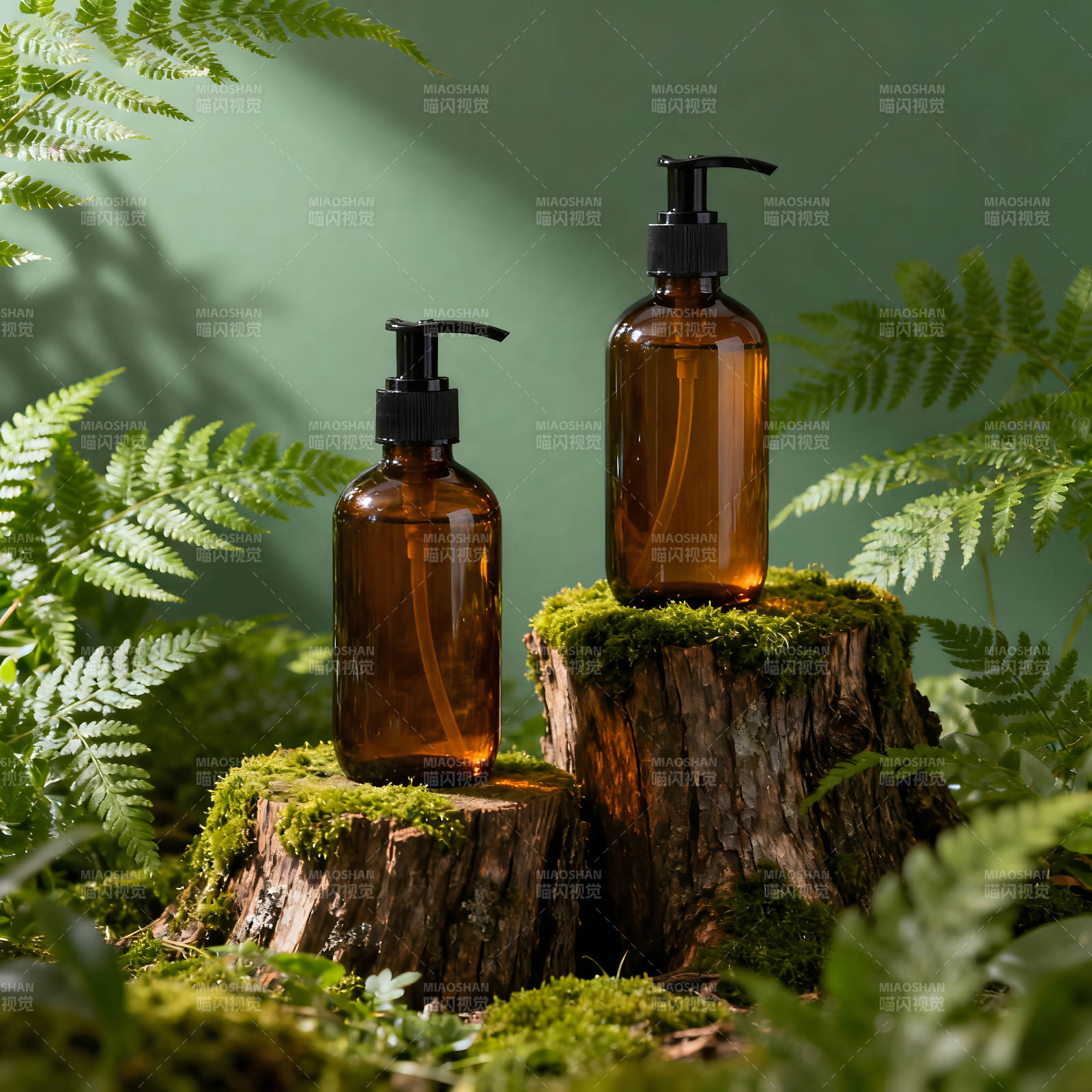 绿色背景下的两瓶棕色液体瓶-图片