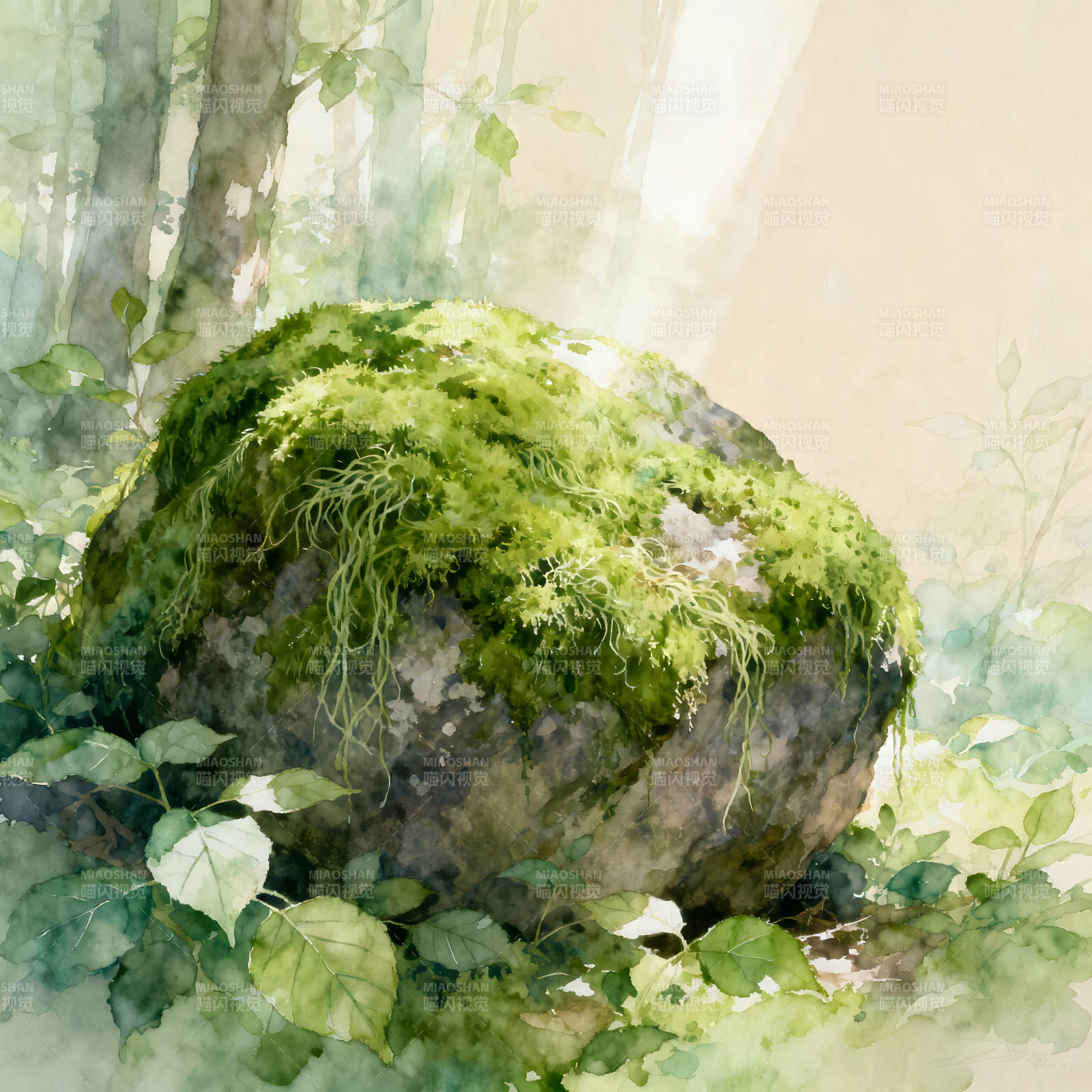 林中巨石青苔繁茂生机勃勃-图片