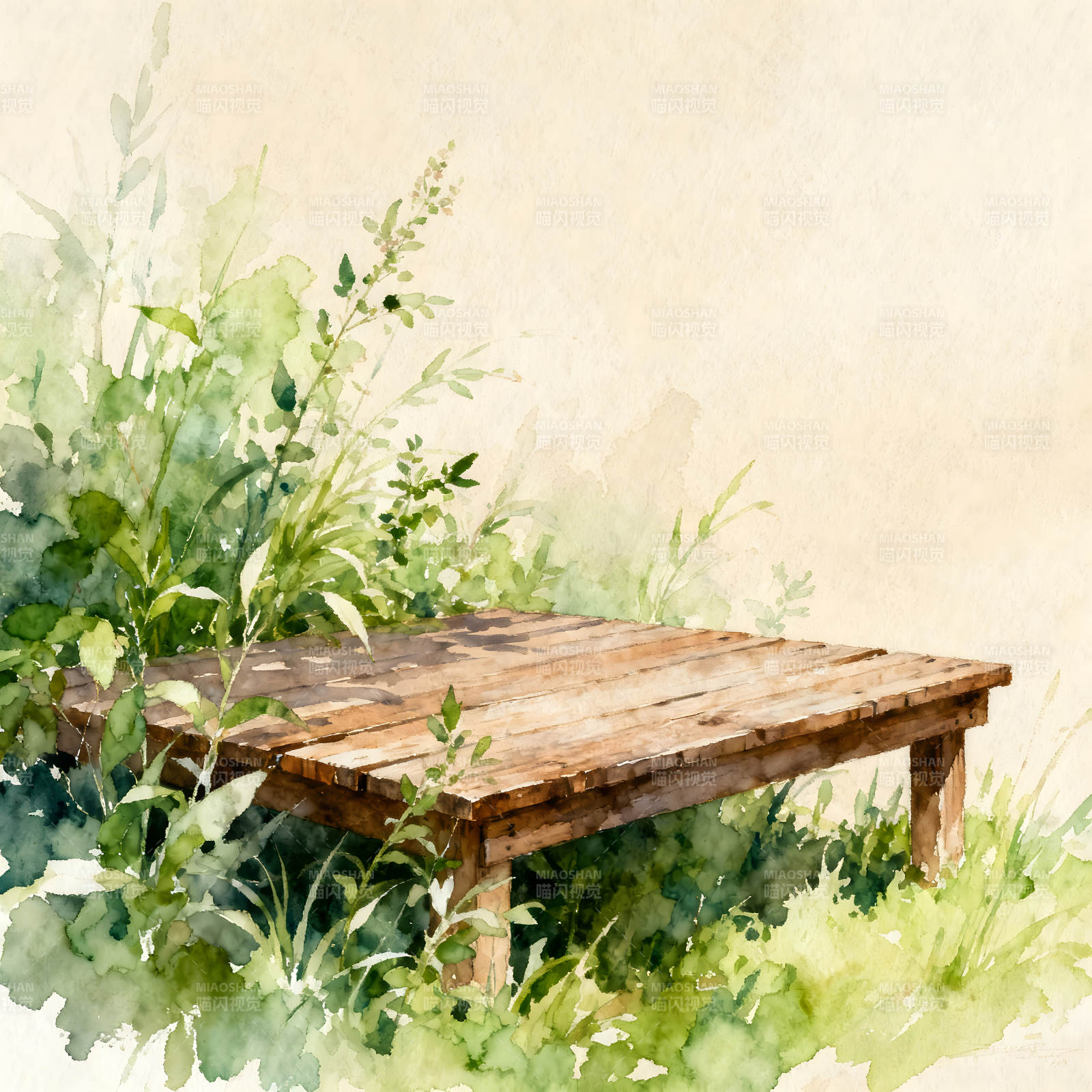 水彩风格的木桌和绿植-图片