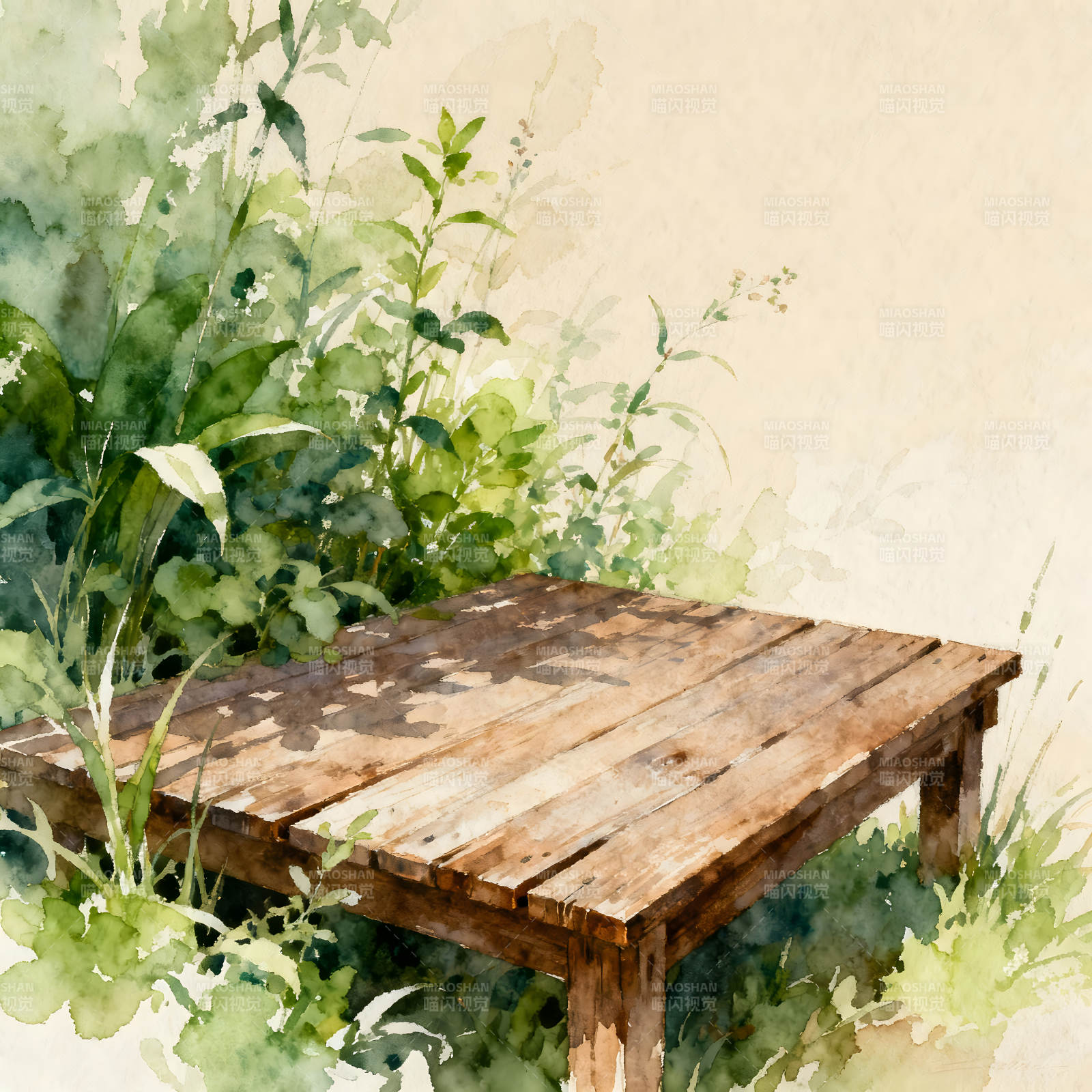 水彩风格的木桌与绿植图片