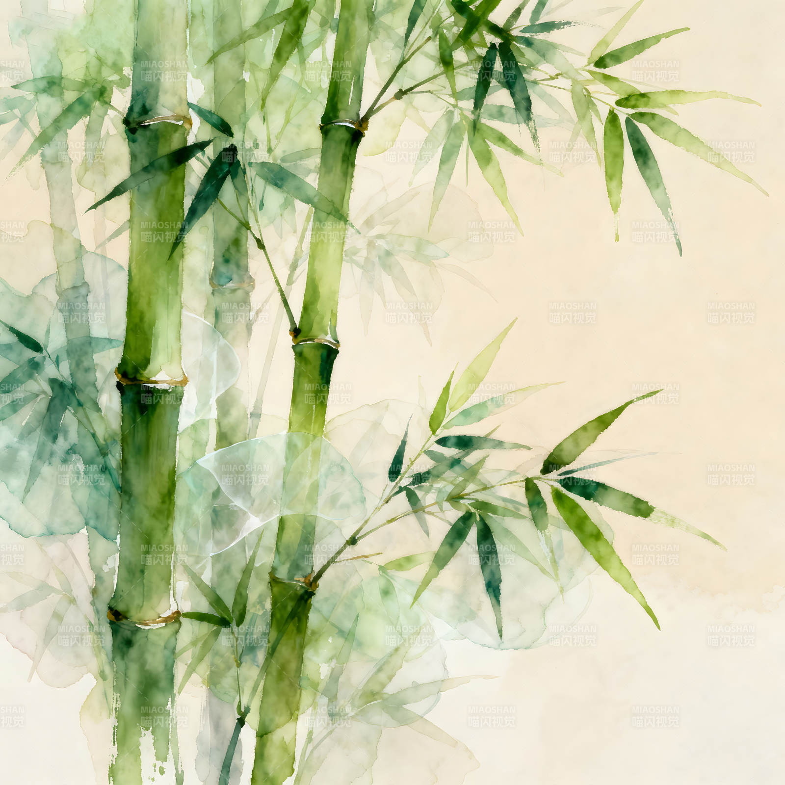 水彩畫風竹子清新自然意境-圖片