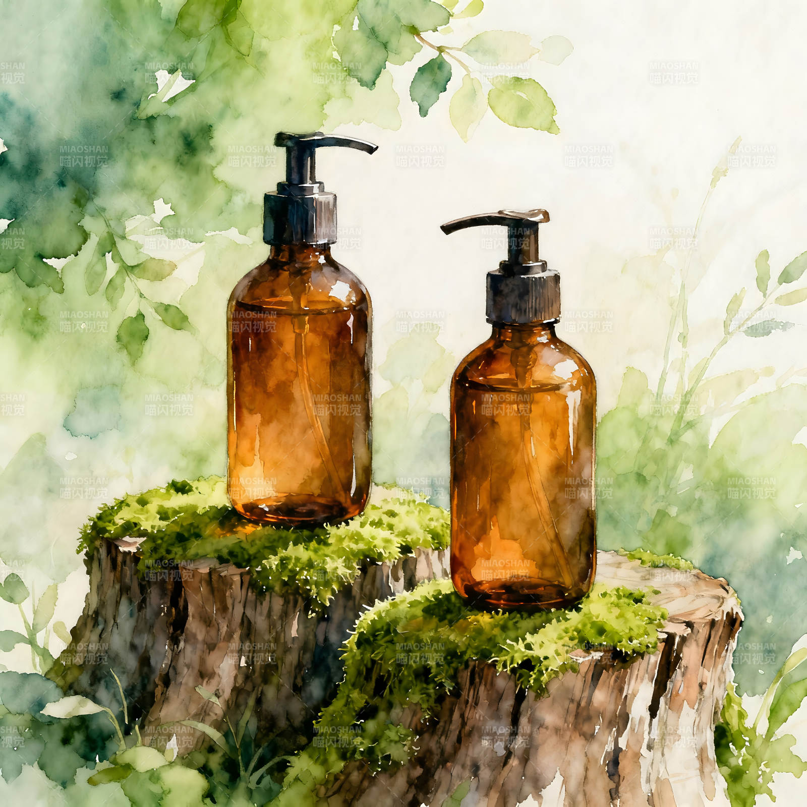 琥珀瓶展示绿色背景下的美容产品-图片