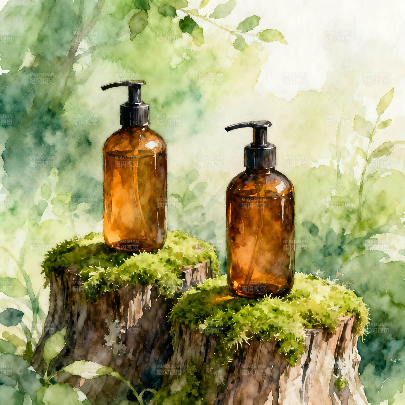 琥珀瓶子静置在树桩上-图片