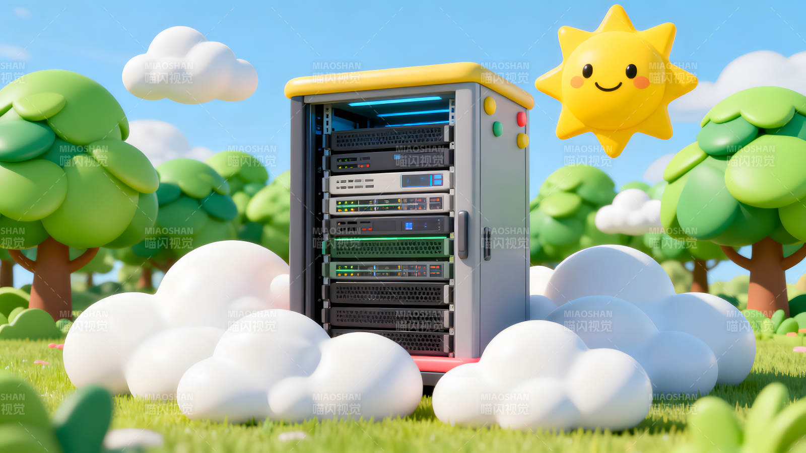 服务器与卡通风景的可爱插画-图片