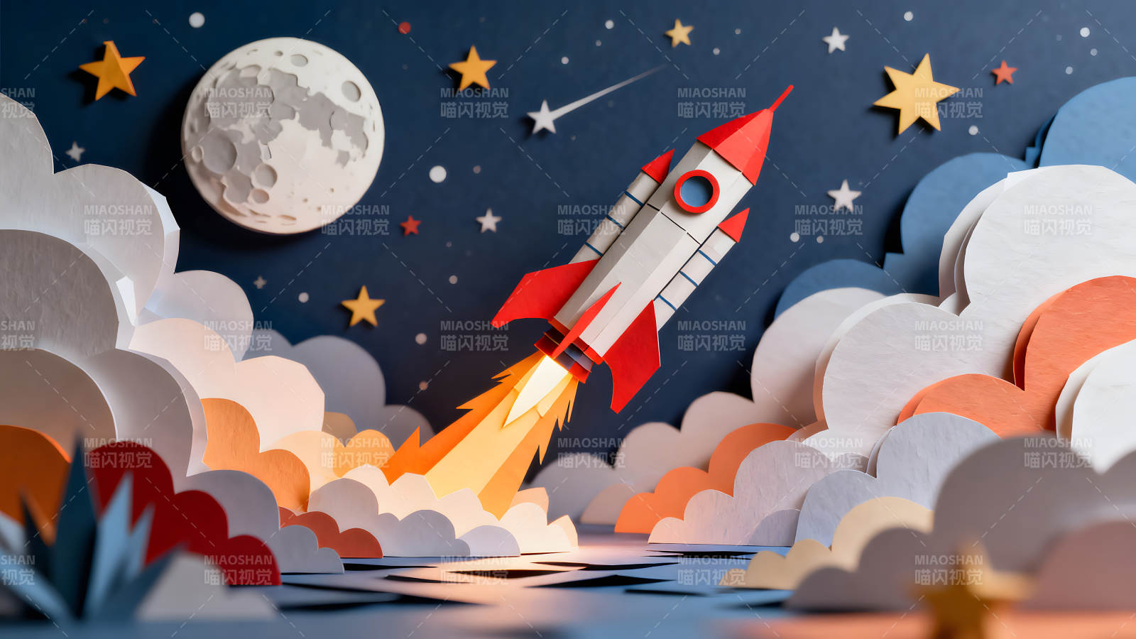 纸艺火箭升空星月交辉-图片