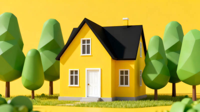 卡通风格的黄色小屋和绿树-图片