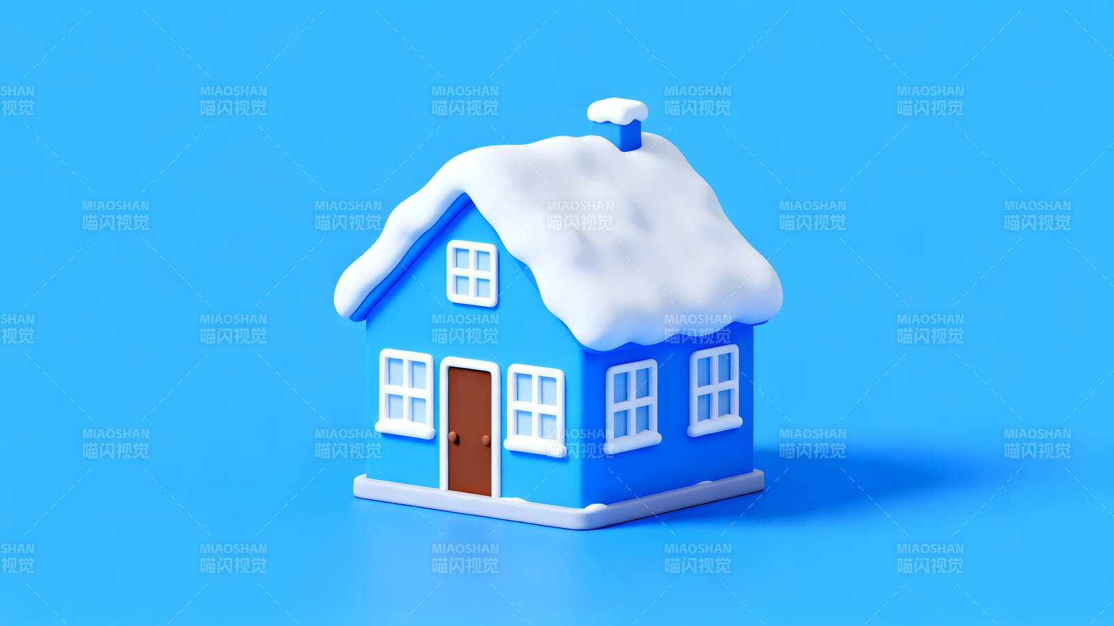 蓝色房子白雪覆盖冬日景象图片