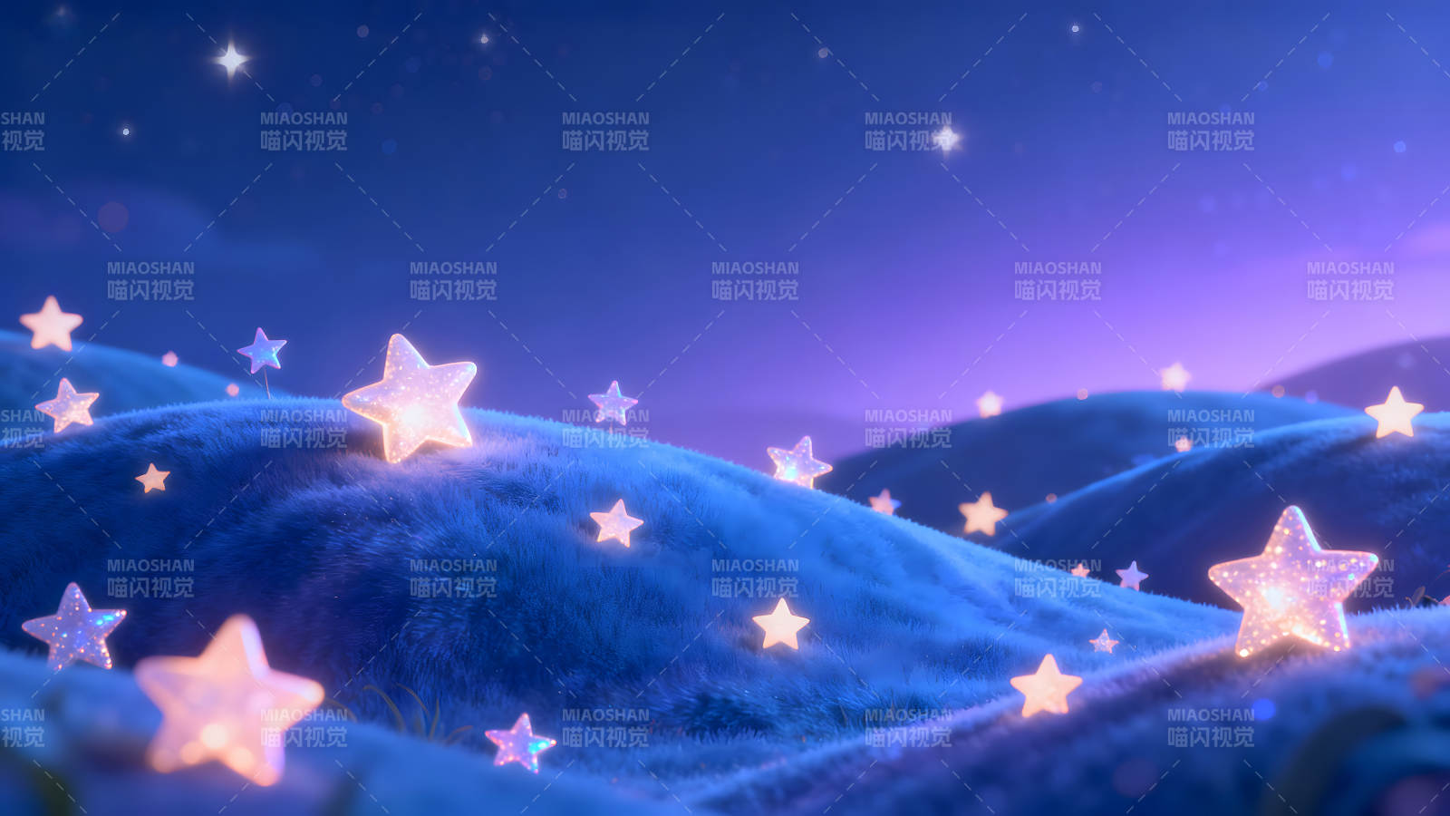 梦幻星空下的发光星星点缀着蓝色山丘图片
