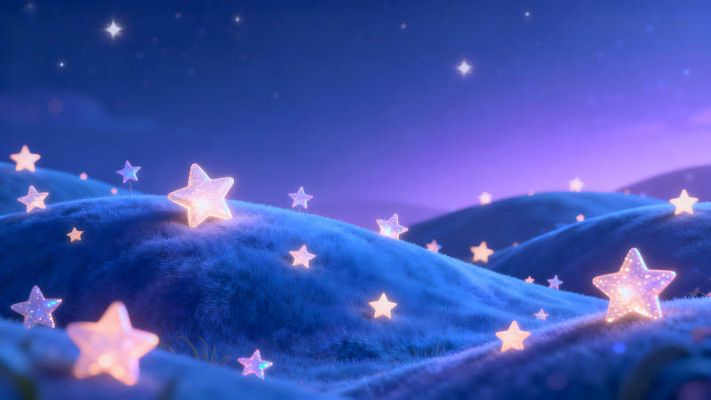 梦幻星空下的发光星星点缀着蓝色山丘-图片