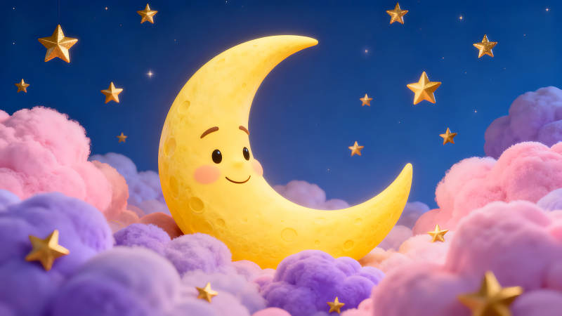 卡通月亮和星星在梦幻云朵中图片