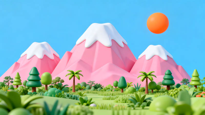 卡通風景粉色雪山綠色植被-圖片