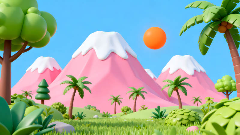 卡通風格的山景清新可愛-圖片