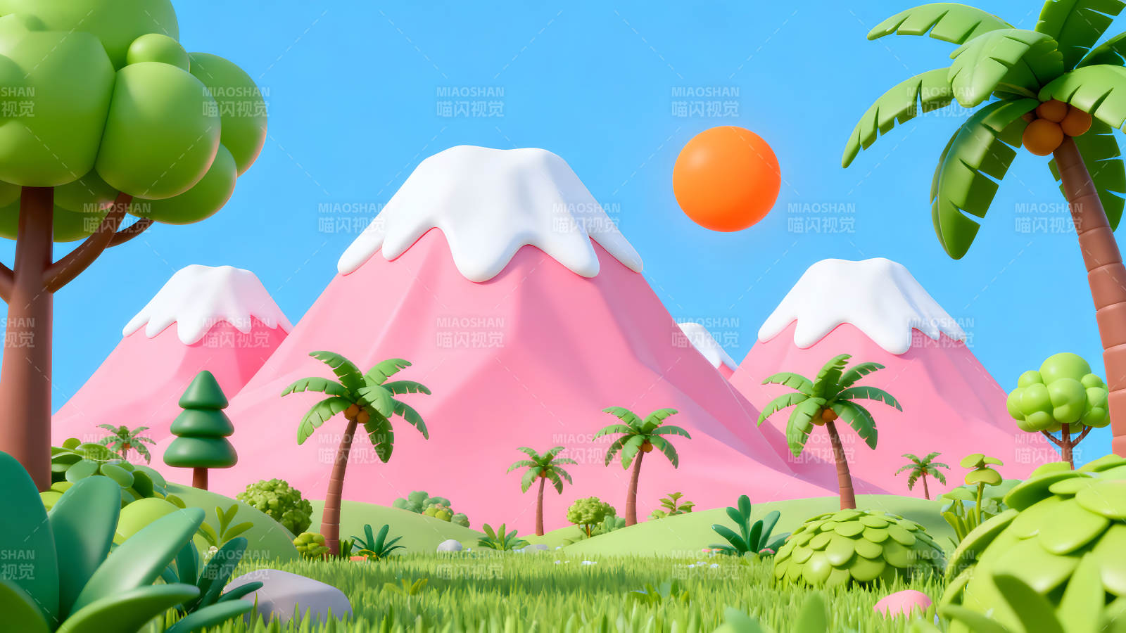卡通風(fēng)格的山景清新可愛-圖片