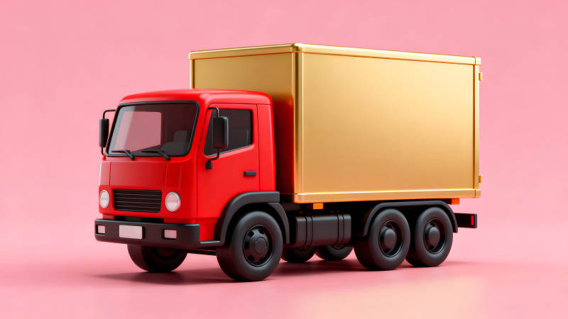 红色的驾驶室金色货箱的卡车-图片