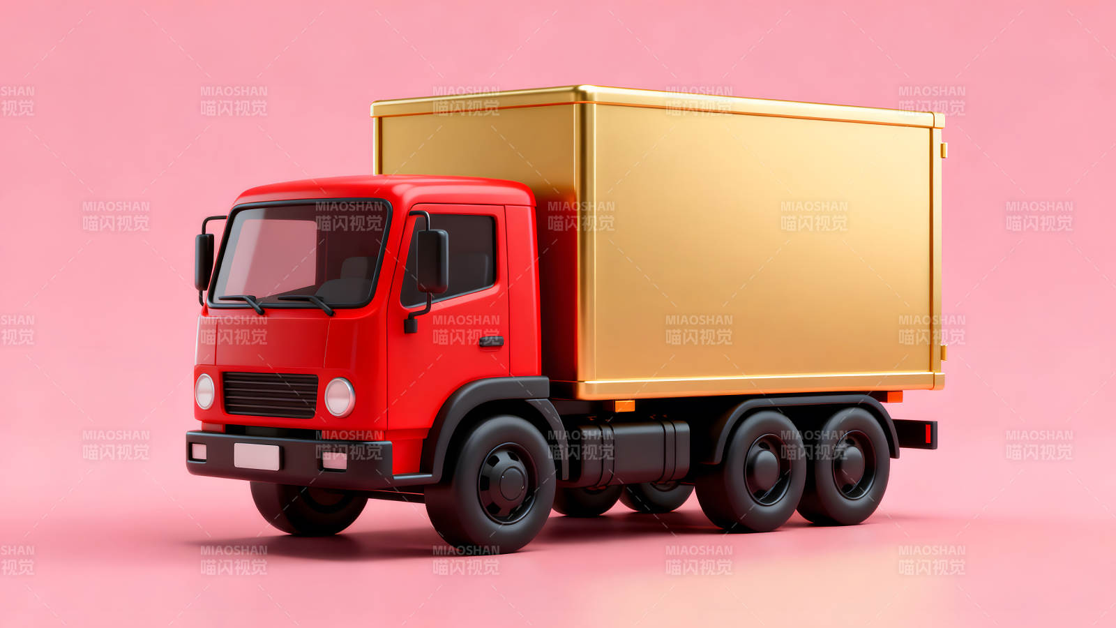 红色的驾驶室金色货箱的卡车-图片
