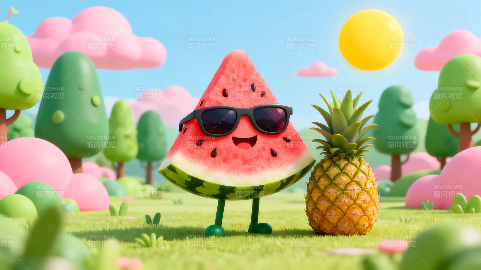 西瓜戴墨镜和菠萝-图片
