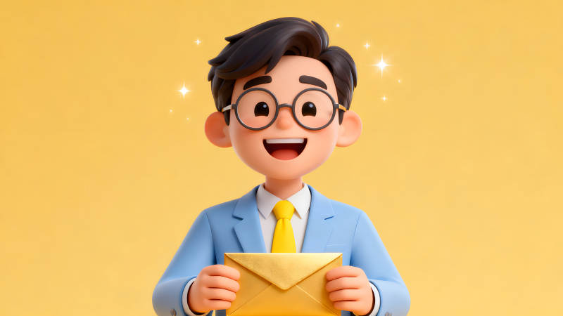 卡通人物手持金黄色信封微笑-图片