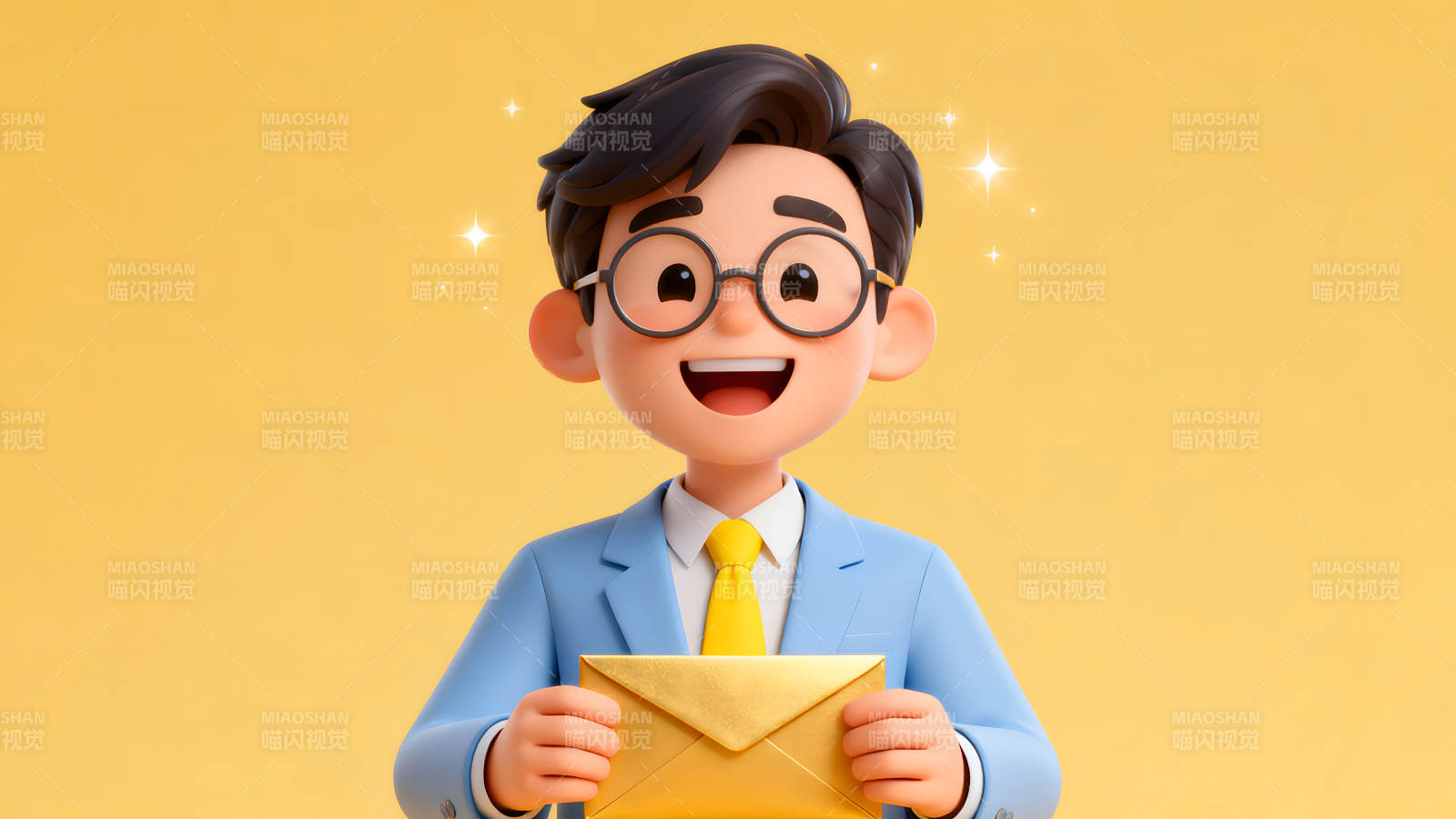 卡通人物手持金黄色信封微笑-图片