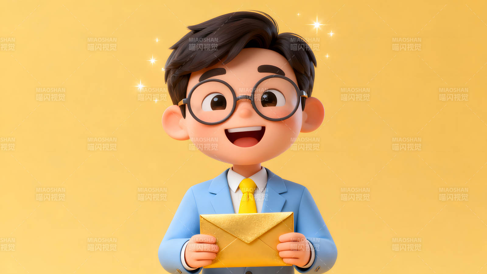 卡通男孩持有金色信封微笑图片
