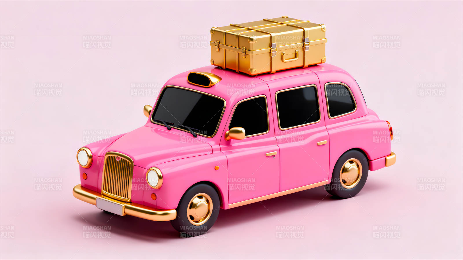 粉色出租车与金色行李箱的可爱旅行-图片
