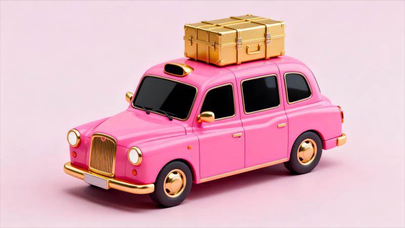 粉色出租车与金色行李箱的可爱旅行-图片