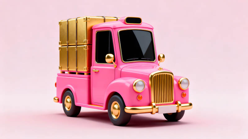 粉色小貨車運送金箱子-圖片