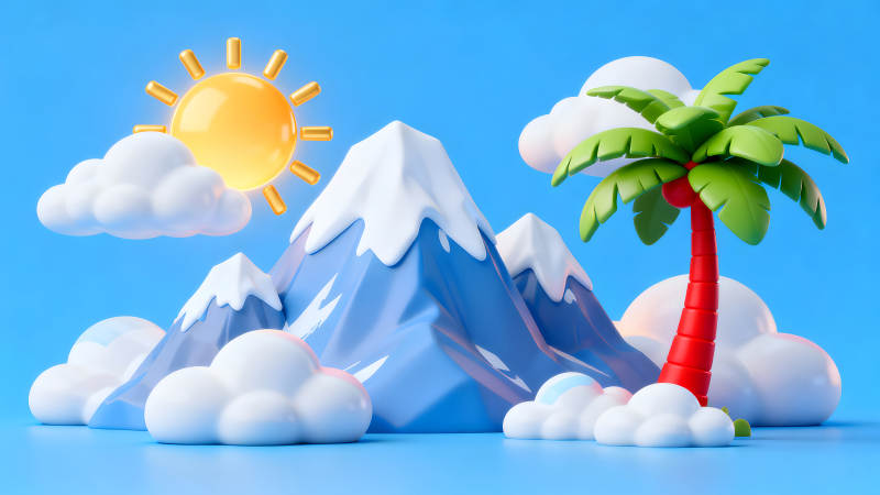 卡通山峰椰樹晴空萬里-圖片