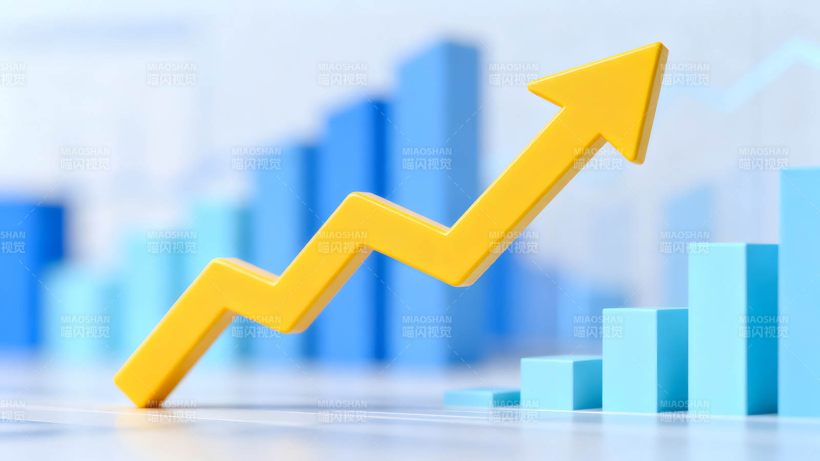 增长趋势图金色箭头指向增长的蓝色柱状图-图片