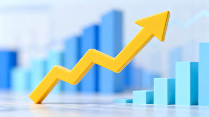 增长趋势图金色箭头指向增长的蓝色柱状图-图片