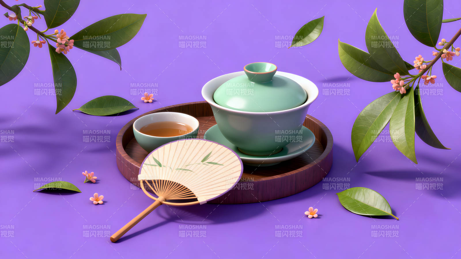 茶具與花朵的靜物攝影紫色背景-圖片