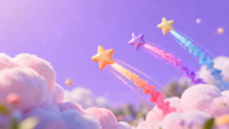 彩色星星在天空穿梭云朵點(diǎn)綴唯美場景-圖片