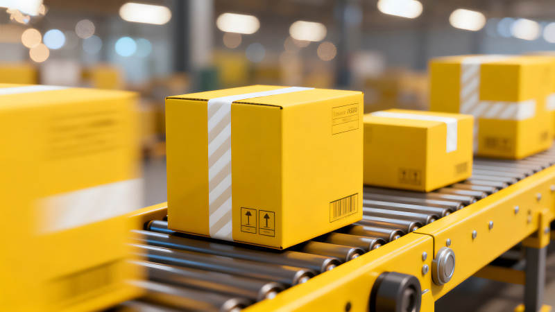 傳送帶上的黃色包裹-圖片