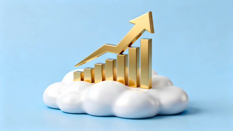 金色箭头和柱状图在云上-图片