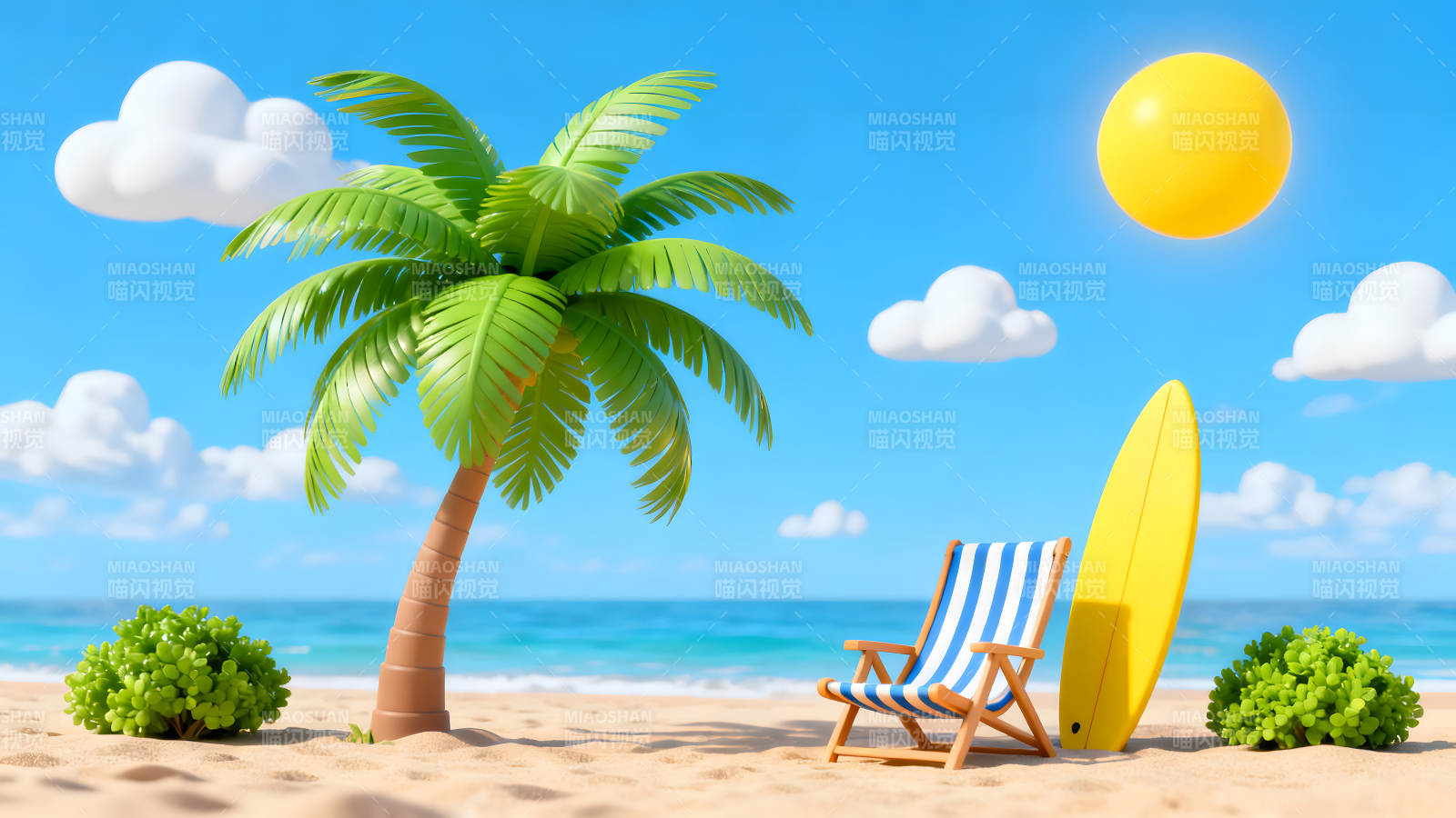 卡通海滩风景阳光沙滩椰树冲浪图片