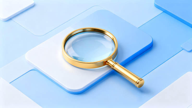 金色放大镜在蓝色背景上-图片