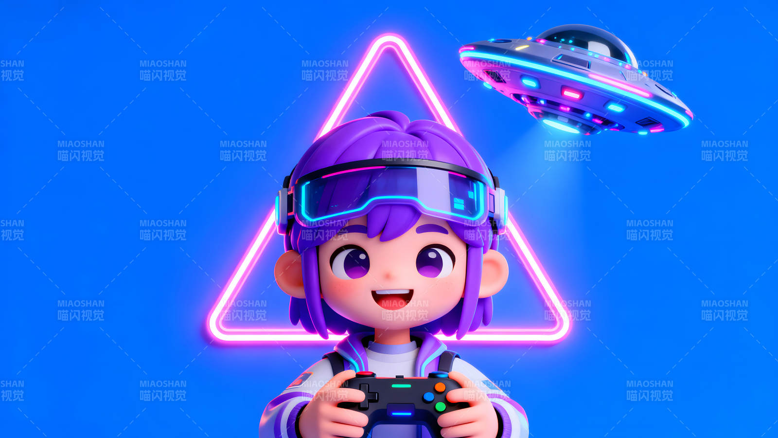 游戲少年與飛碟霓虹燈下的虛擬世界圖片