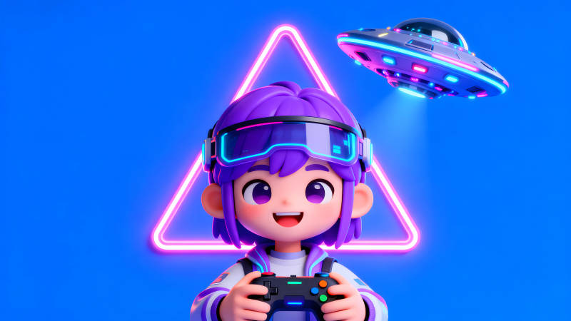 游戏少年与飞碟霓虹灯下的虚拟世界-图片